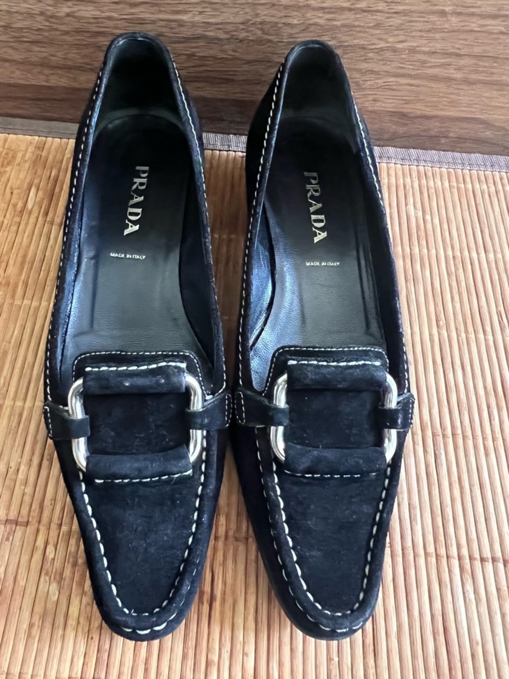 Prada Black Suede Loafers With Silver Tone Buckle Contrast Stitching Sz 36 Italy - Picture 3 of 16